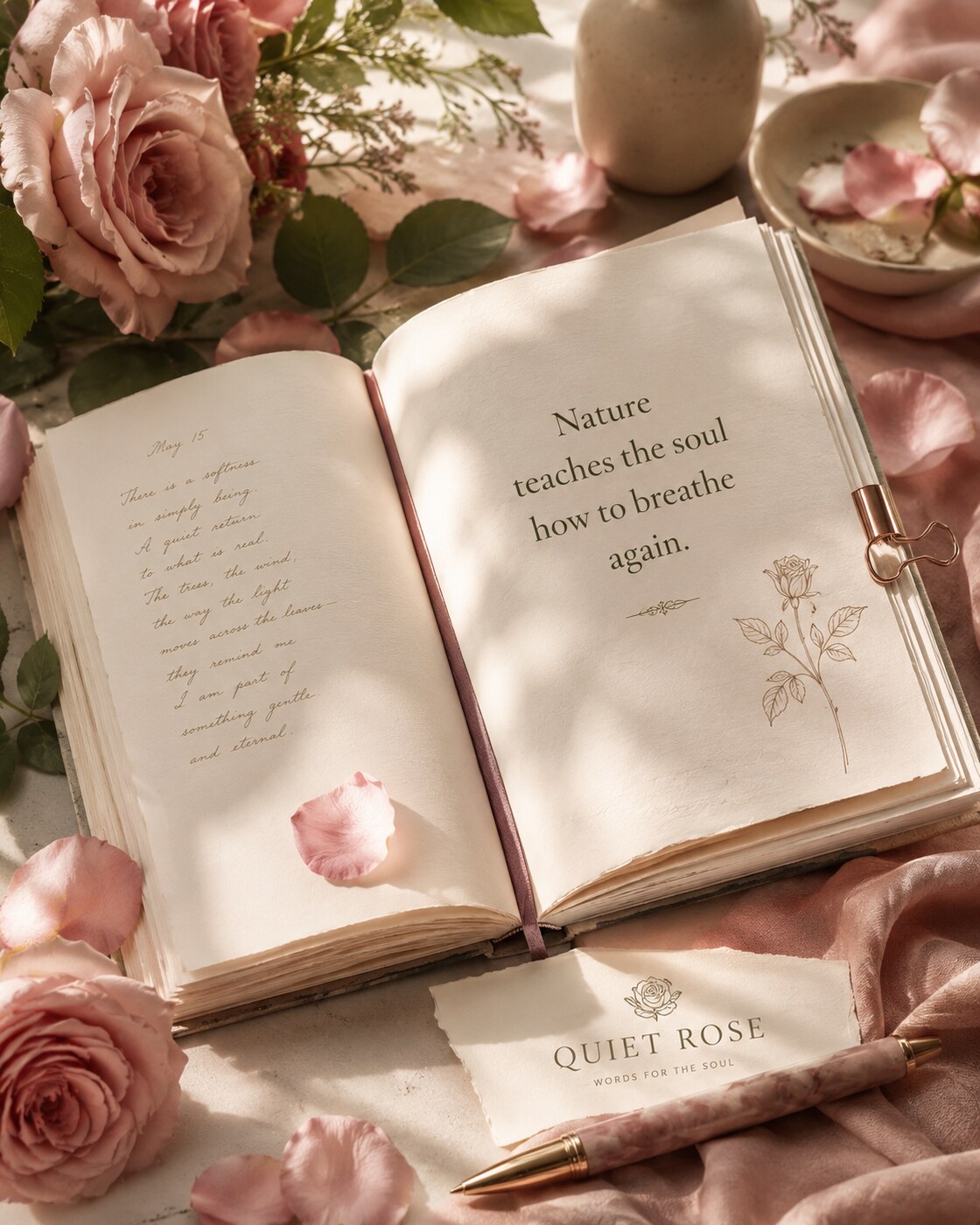 A calm writing scene with roses and reflective notes