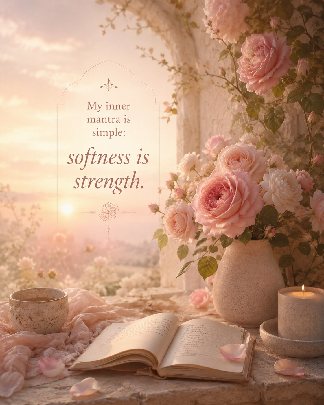 A gentle rose with words about softness and bloom